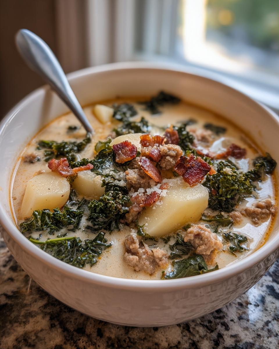 A close-up of a white bowl filled with creamy zuppa toscana soup, featuring potatoes, kale, sausage, and bacon.