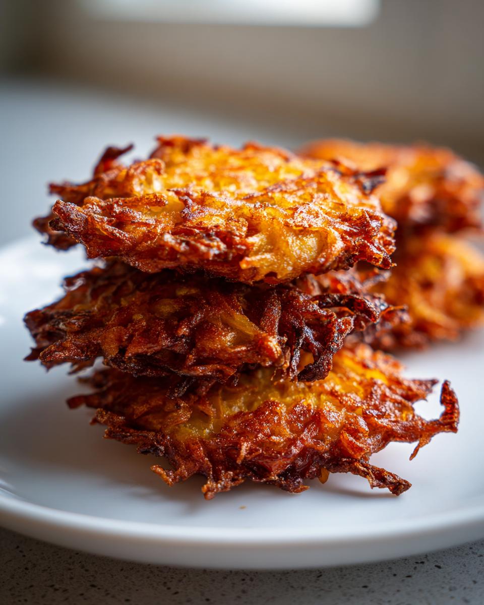 Close-up of three golden-brown, crispy Amish Onion Fritters stacked on a white plate.