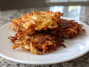 A stack of golden brown, crispy Amish Onion Fritters piled on a small white plate.