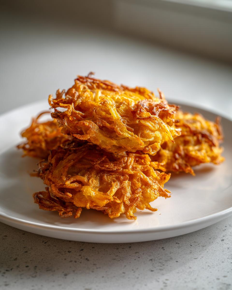 A stack of golden brown, crispy Amish Onion Fritters piled high on a white plate.