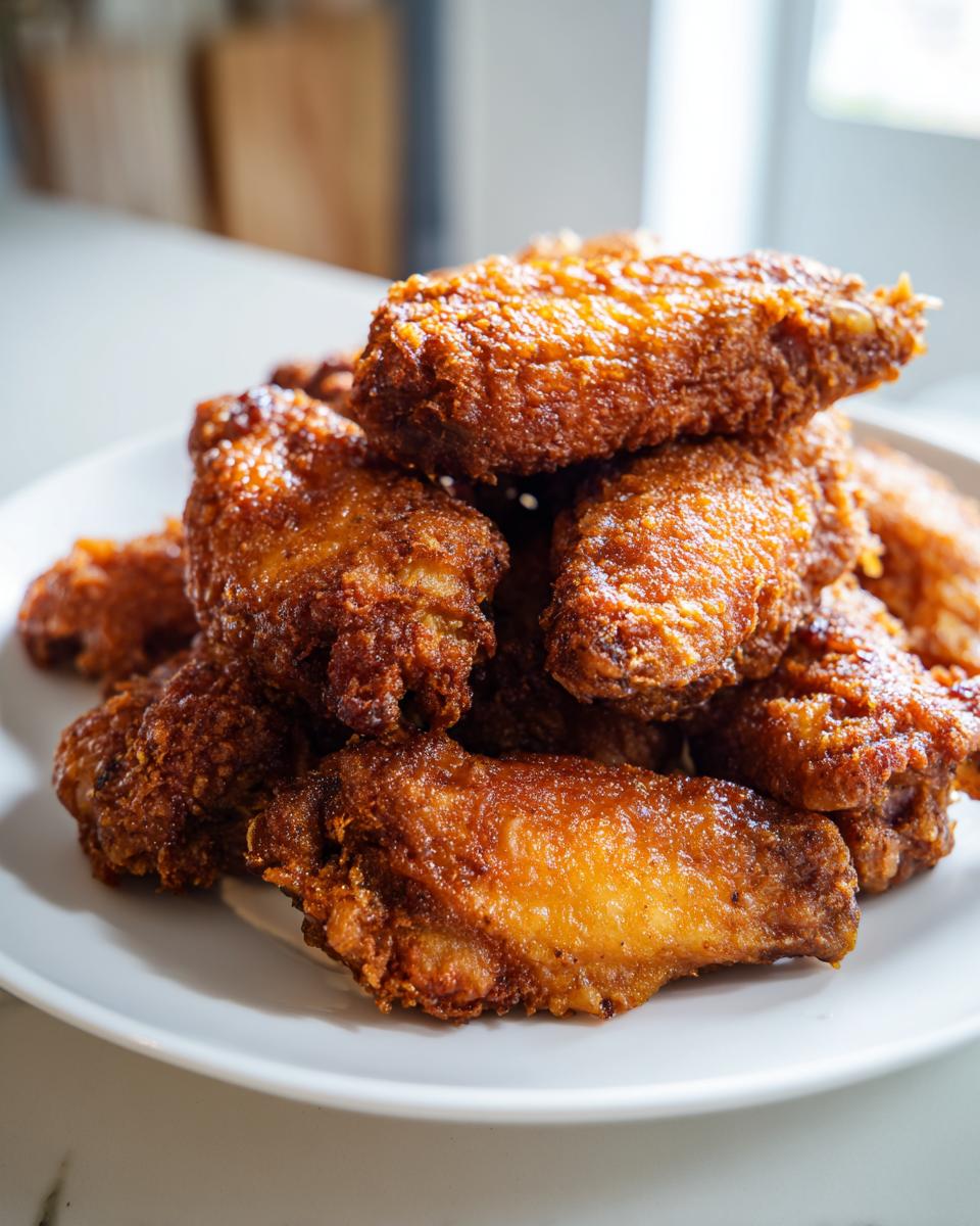 Close-up of a mound of golden brown, crispy baked chicken wings piled high on a white plate.