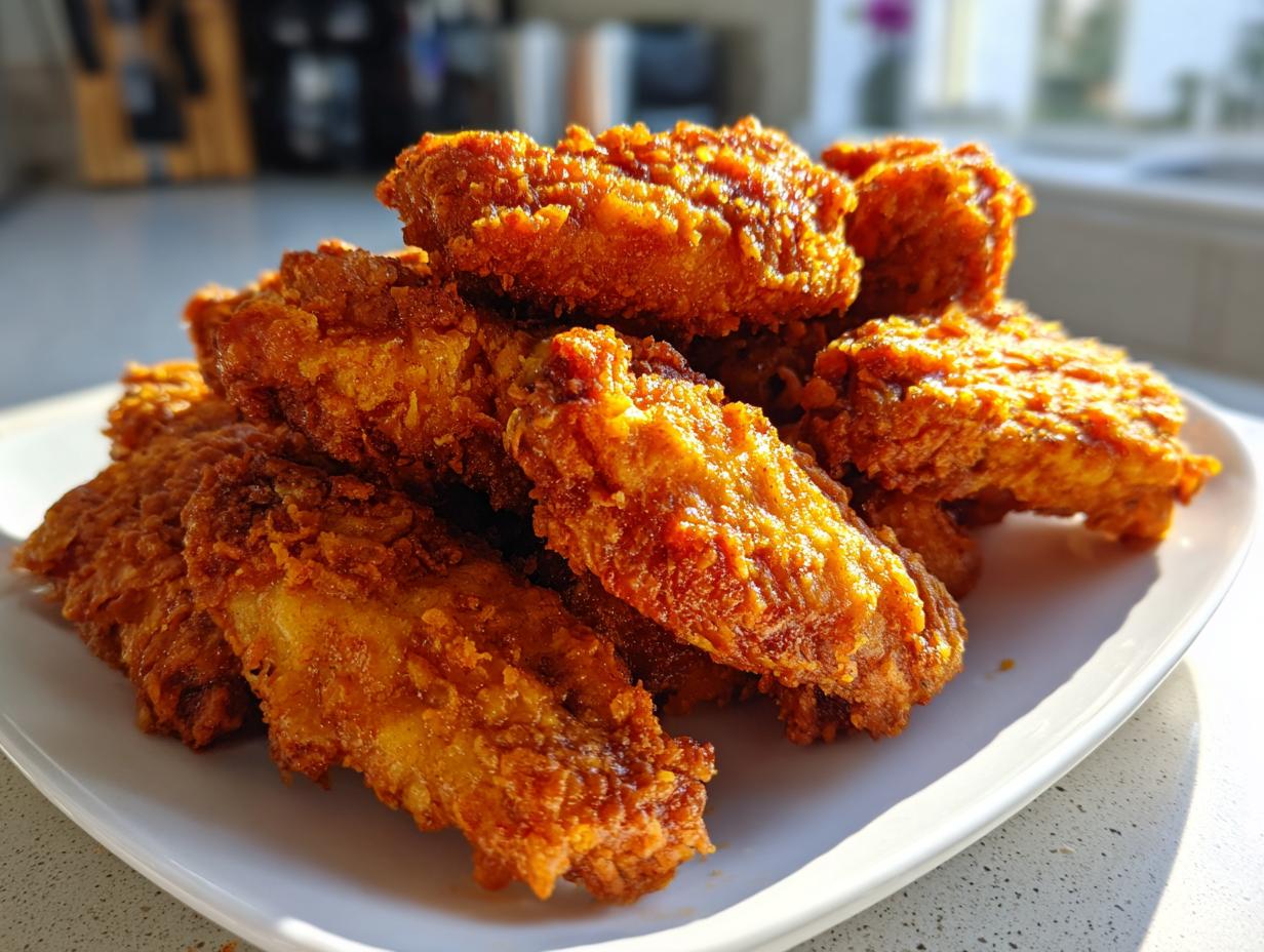 A close-up stack of golden-brown, crispy baked chicken wings piled high on a white square plate.