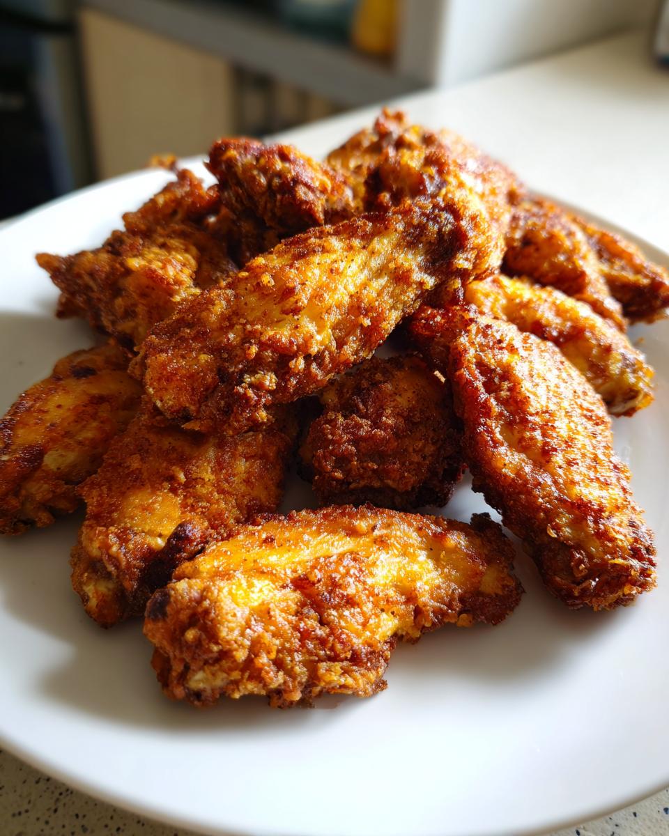 A pile of perfectly cooked, crispy, golden-brown chicken wing pieces served on a white plate.