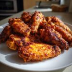 A pile of golden brown, crispy chicken wing pieces served on a white plate under bright light.
