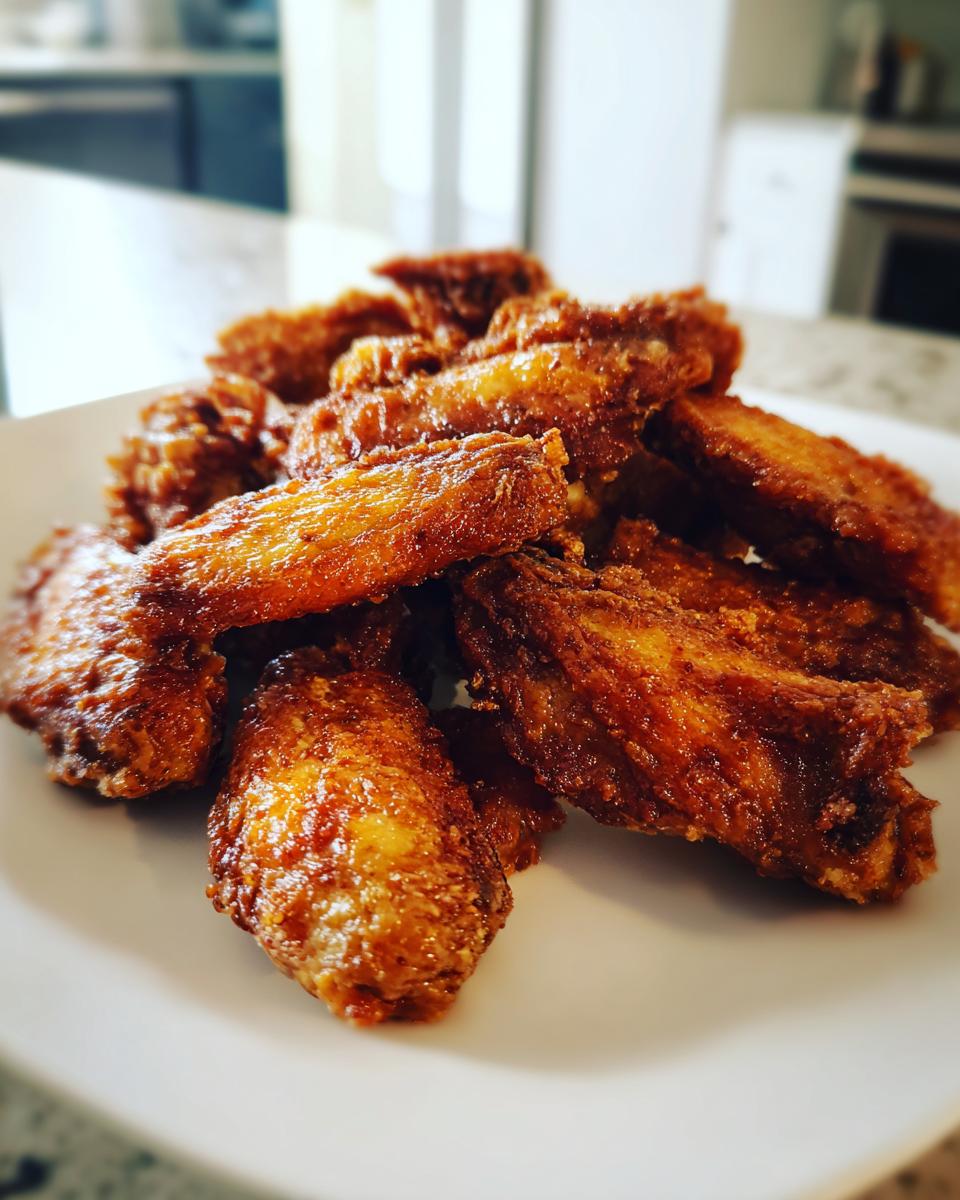 A close-up of a pile of perfectly crispy, golden-brown chicken wing pieces served on a white plate.