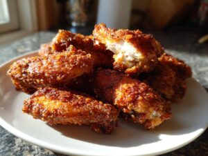 Close-up of golden brown, crispy chicken wings piled on a white plate, one wing is broken open showing white meat.