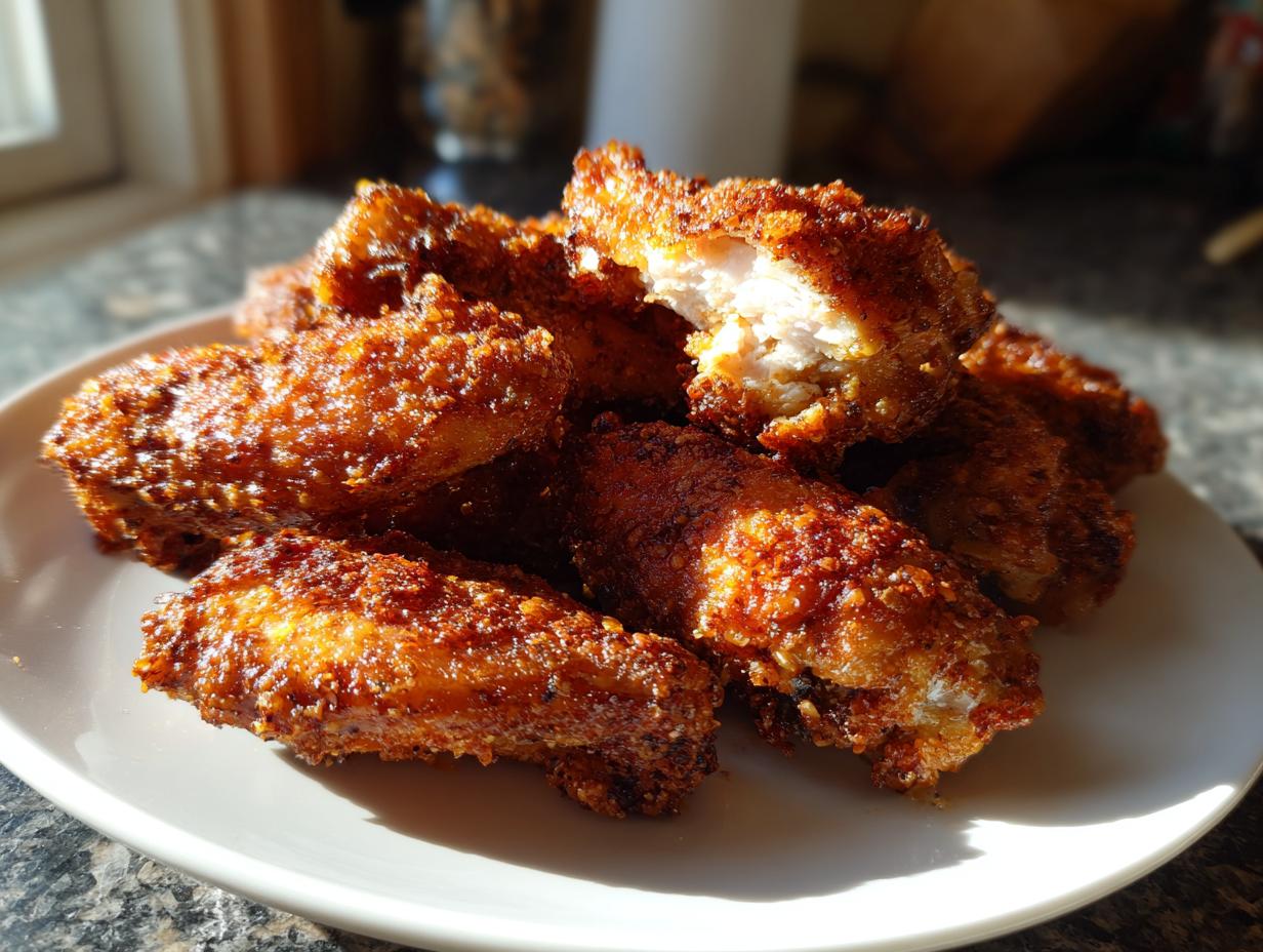 Close-up of golden brown, crispy chicken wings piled on a white plate, one wing is broken open showing white meat.