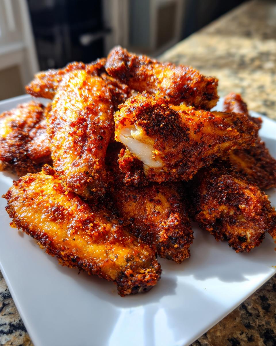 A pile of perfectly crispy, well-seasoned chicken wings with a visible cross-section showing the white meat inside.