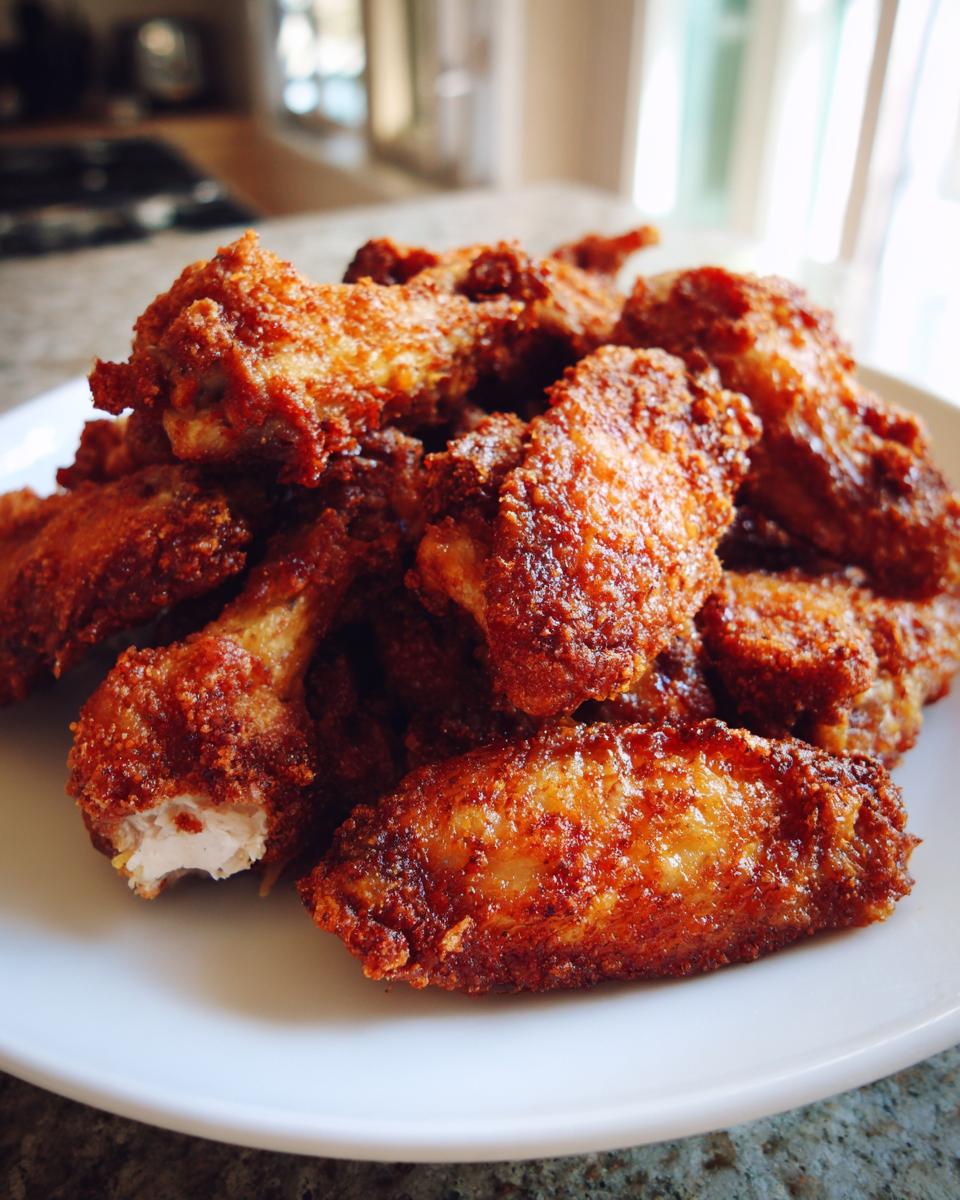 A close-up of a pile of golden brown, crispy chicken wings served on a white plate.