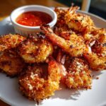 A plate piled high with golden brown, crispy coconut shrimp served next to a small white ramekin of sweet chili dipping sauce.