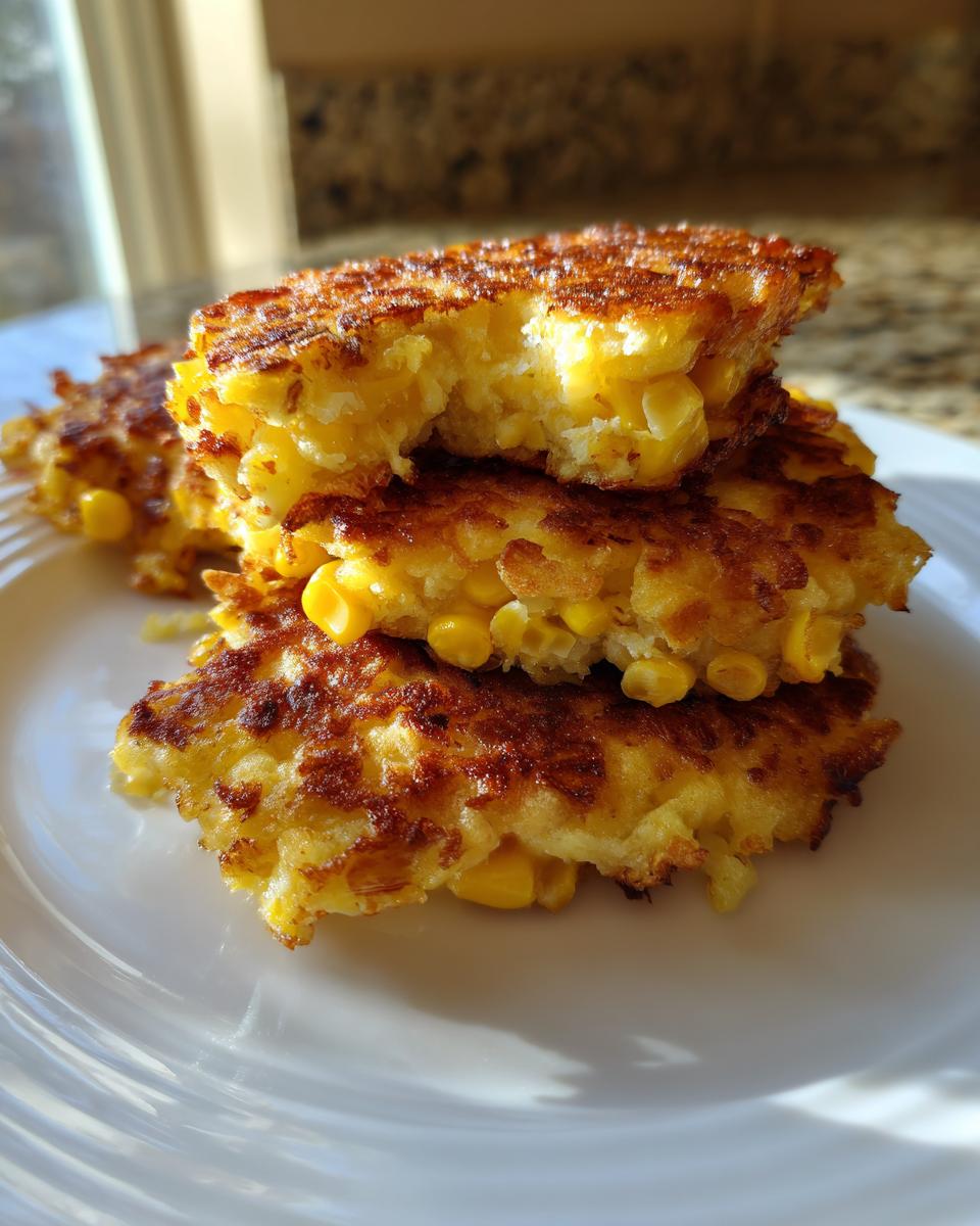 A stack of three golden-brown, crispy corn fritters showing whole corn kernels inside.