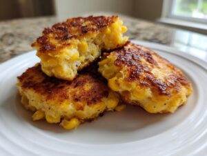 Three golden-brown, crispy corn fritters stacked on a white plate, showing visible corn kernels inside.