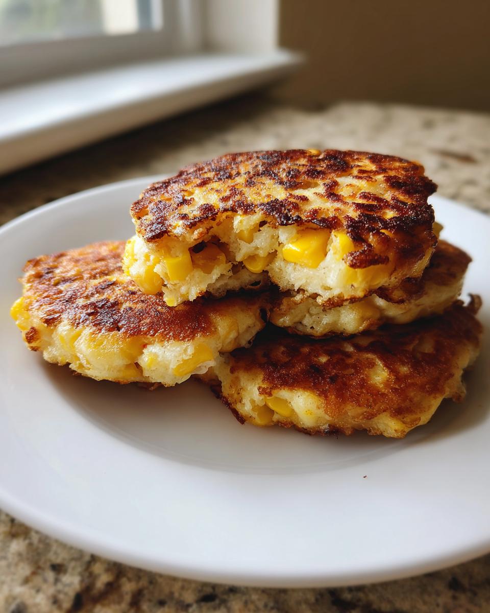 A stack of four golden-brown, crispy corn fritters, one broken open to show sweet corn kernels inside.