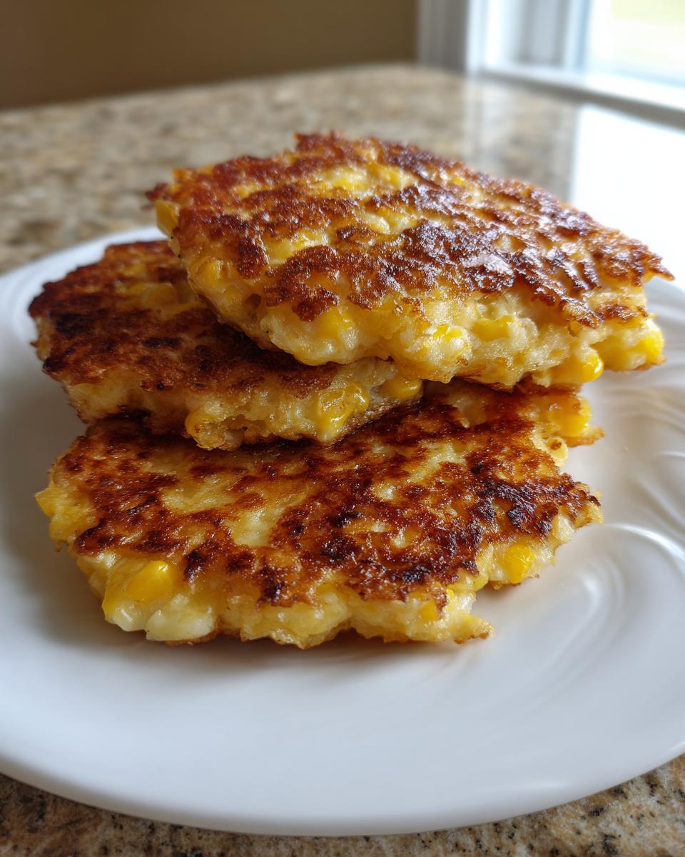 A stack of three golden-brown, crispy corn fritters showing visible corn kernels on a white plate.