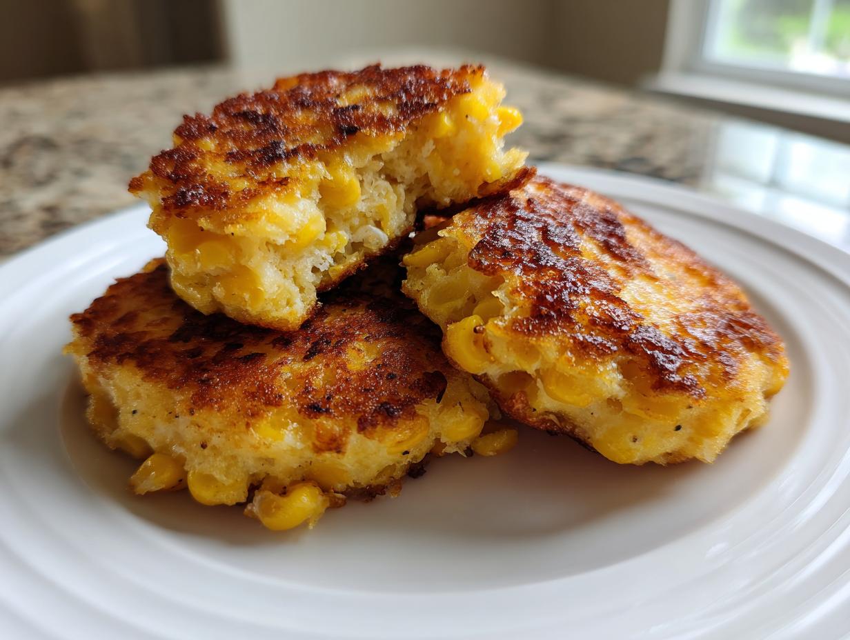 Three golden-brown, crispy corn fritters stacked on a white plate, showing visible corn kernels inside.