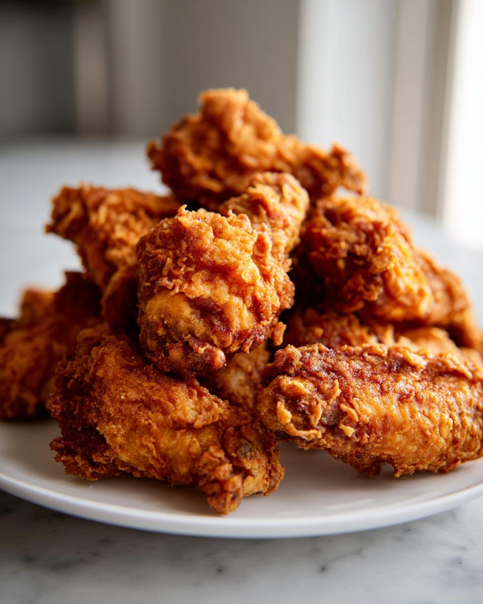 A close-up of a large pile of perfectly golden brown, crispy fried chicken wings stacked on a white plate.
