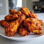 A close-up shot of a mound of golden-brown, extra-crispy fried chicken wings piled high on a white plate.