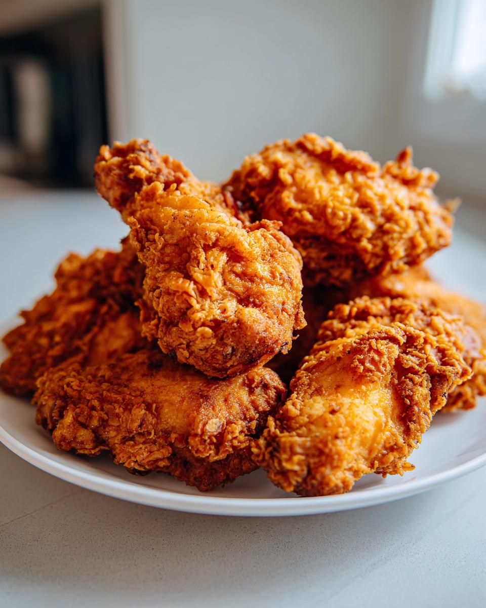A close-up of several pieces of perfectly crispy fried chicken wings piled high on a white plate.