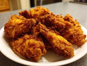 A close-up of perfectly golden and crispy fried chicken wings piled high on a white plate.