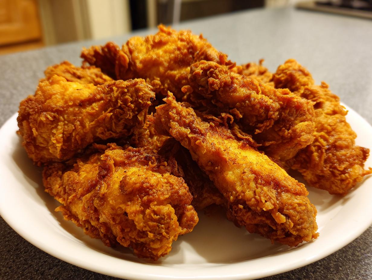 A close-up of perfectly golden and crispy fried chicken wings piled high on a white plate.