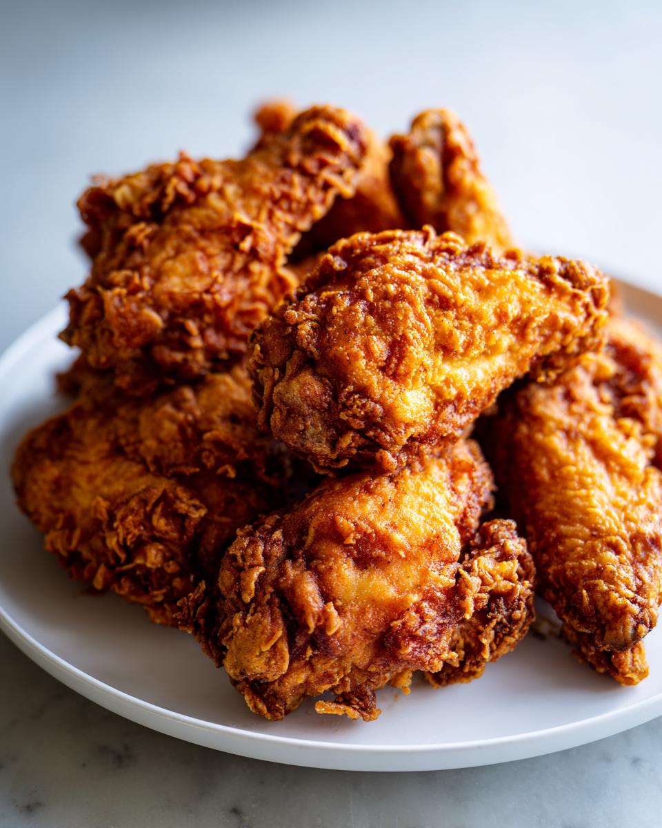 A close-up stack of golden brown, extra crispy fried chicken wings on a white plate.