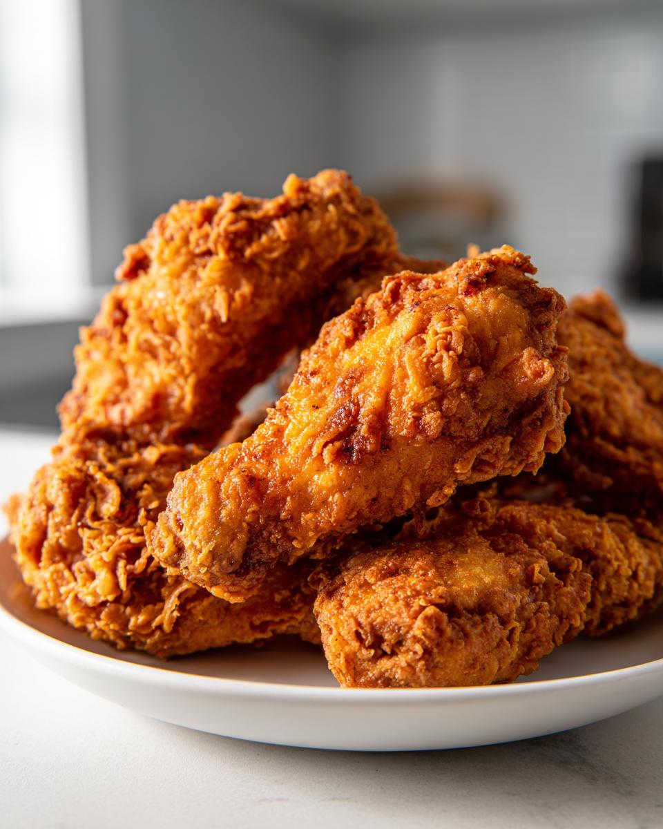 Close-up of several golden brown, extra crispy fried chicken wings piled high on a white plate.