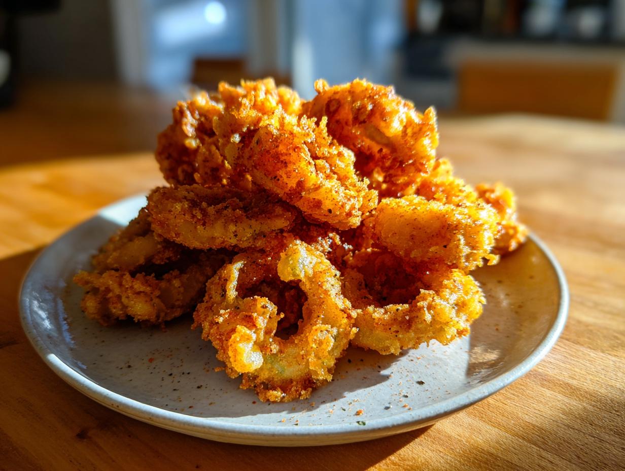 A close-up, sunlit photo of a mound of golden-brown, crunchy Fried Pickles piled high on a speckled ceramic plate.