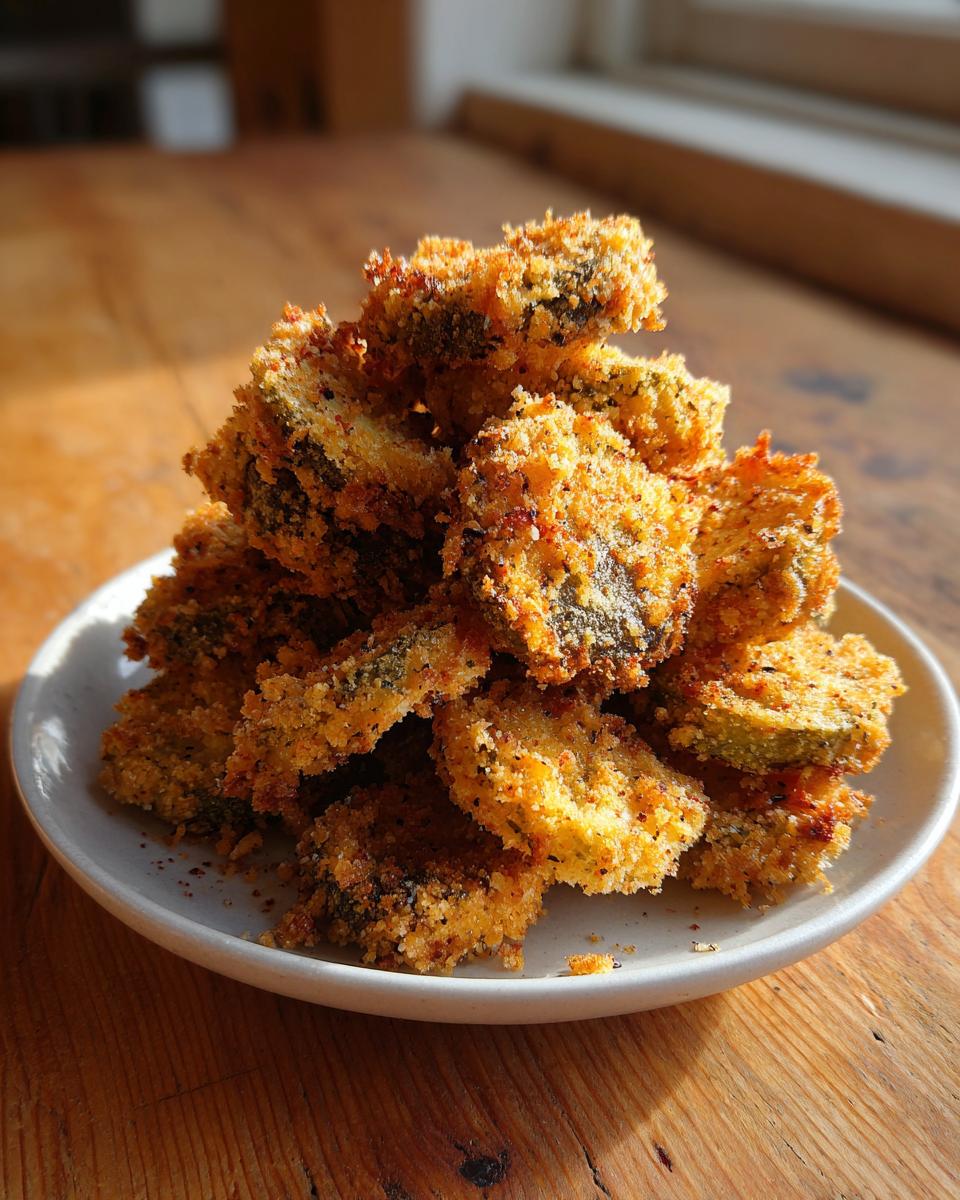 A tall pile of golden brown, crunchy Fried Pickles stacked high on a small white plate on a wooden table.