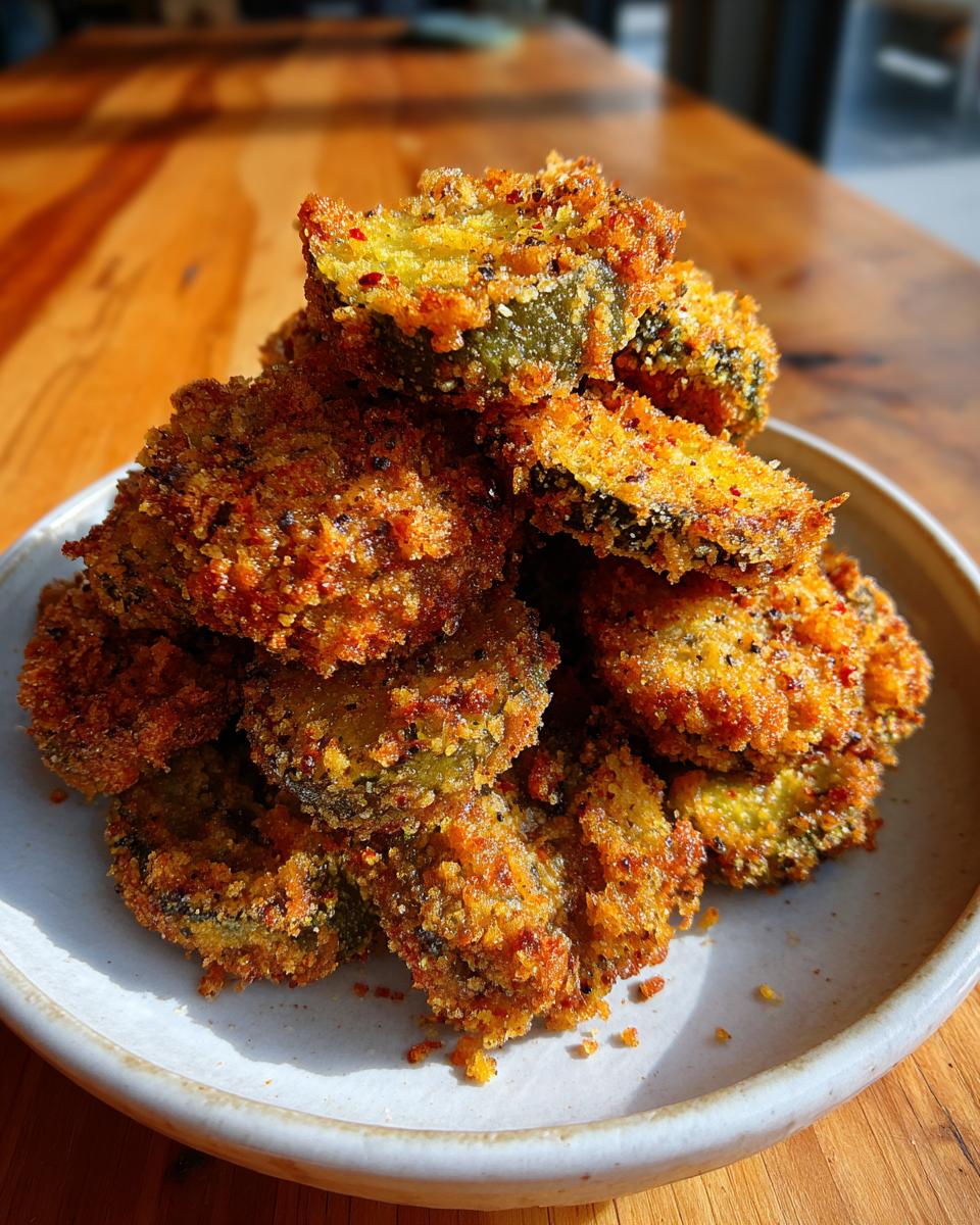 A tall stack of golden brown, perfectly crunchy Fried Pickles piled high on a light-colored ceramic plate.