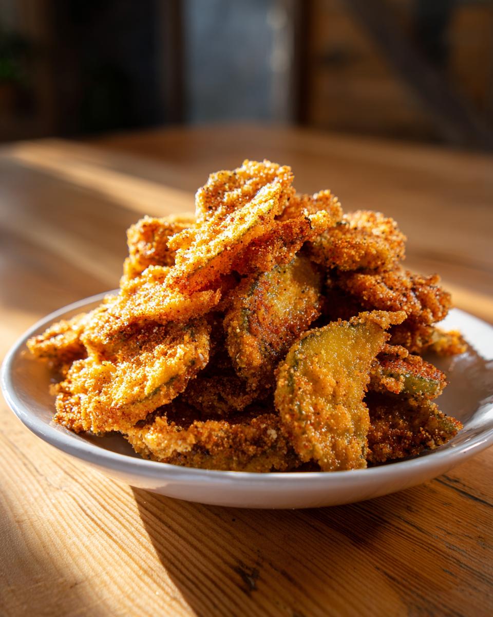 A tall pile of golden brown, crispy Fried Pickles seasoned with spices, served on a white plate.
