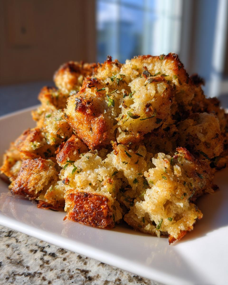 Close-up of golden brown, crispy bread cubes making up savory stuffing, seasoned with green herbs.