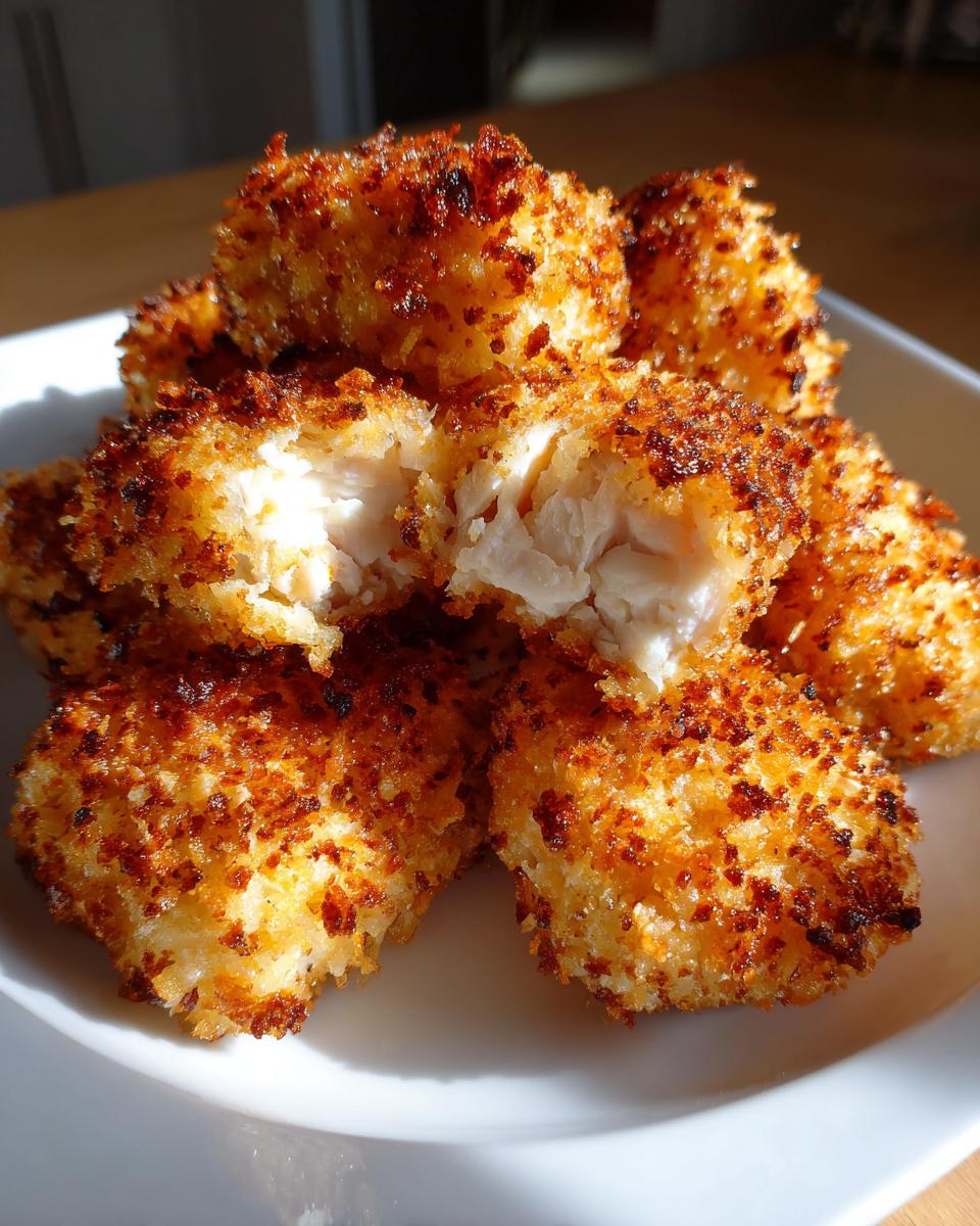 Close-up of golden brown, crispy homemade chicken nuggets piled on a white plate, one is broken open showing white meat.