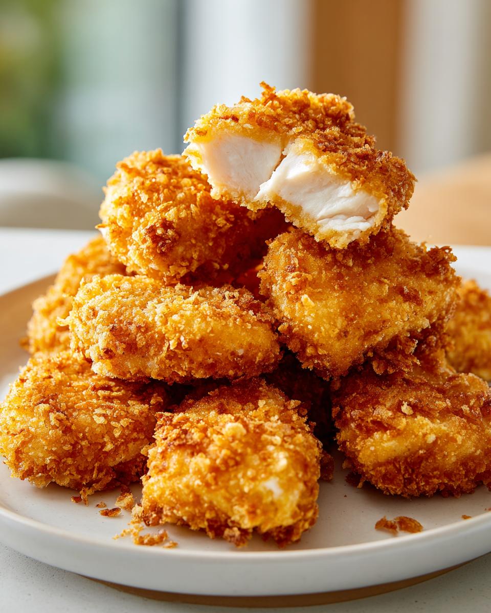 Close-up of a stack of golden brown homemade chicken nuggets, one broken open showing white chicken meat.