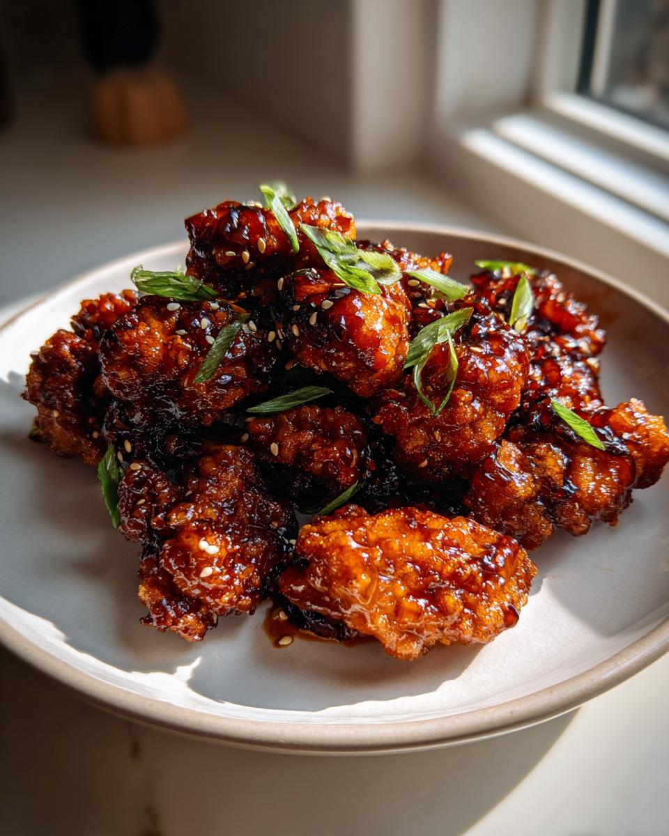 Close-up of glistening, crispy Korean fried chicken recipe pieces coated in a dark, sticky glaze and topped with sesame seeds and green onions.