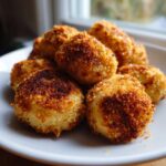 A pile of golden brown, crispy pan-fried potato dumplings served on a white plate.