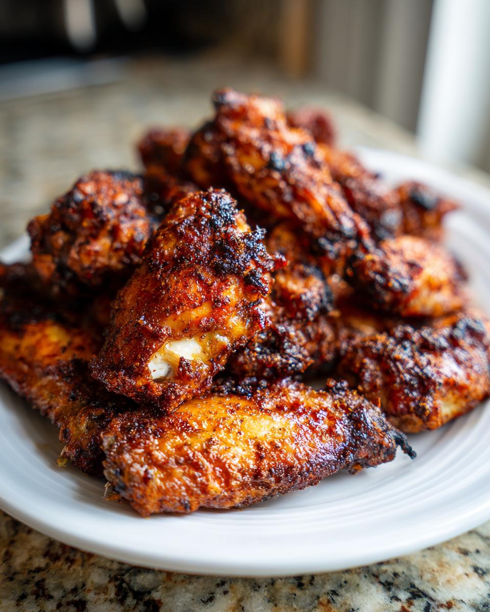 A close-up of a pile of perfectly crispy, dark-seasoned chicken wings served on a white plate.