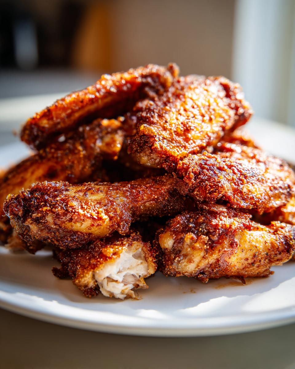A close-up stack of perfectly crispy, seasoned chicken wings with one wing broken open showing the white meat.