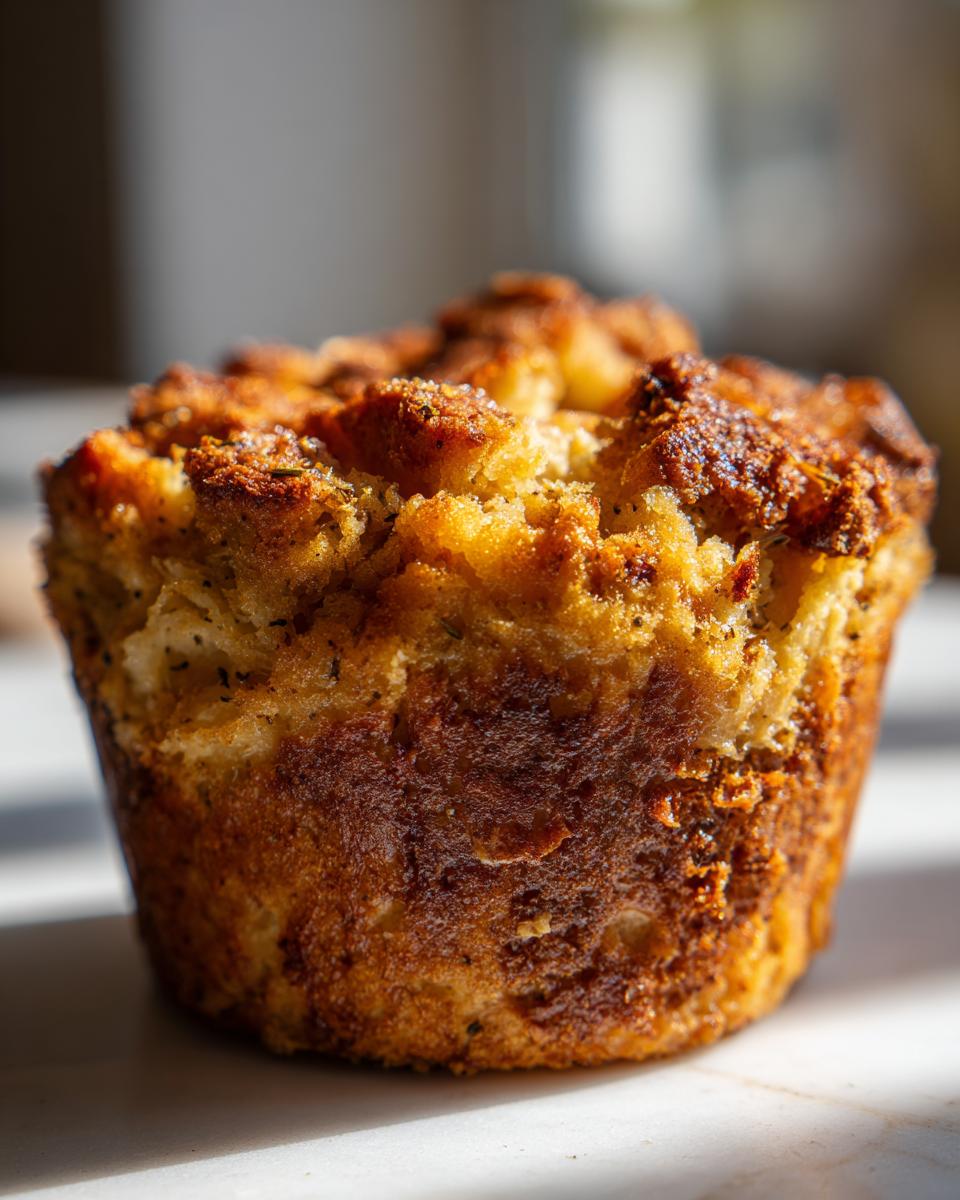 A close-up of a single, golden-brown, crispy baked stuffing muffin, showing seasoned bread pieces.