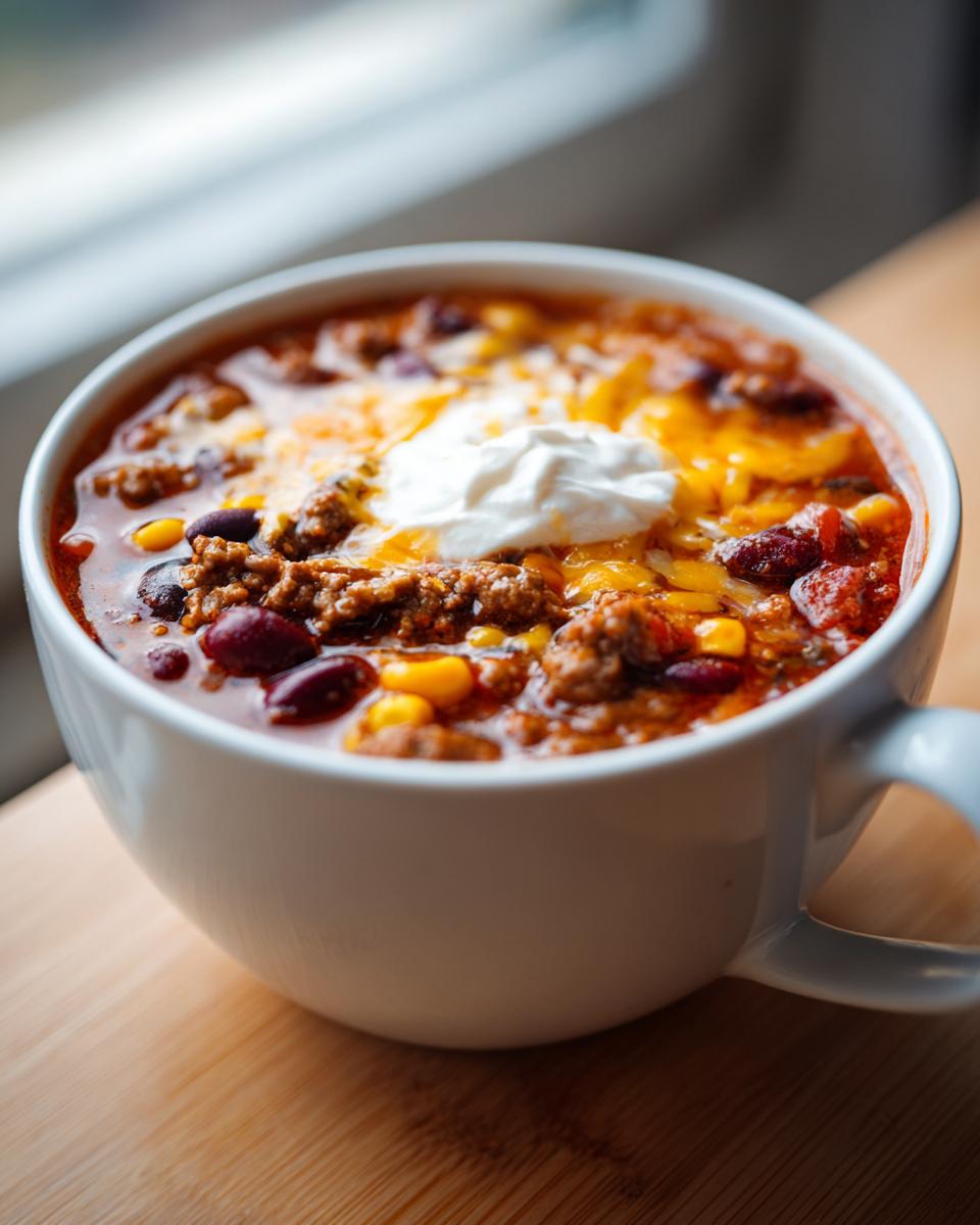 Close-up of a hearty bowl of crockpot cowboy soup topped with melted cheese and sour cream.