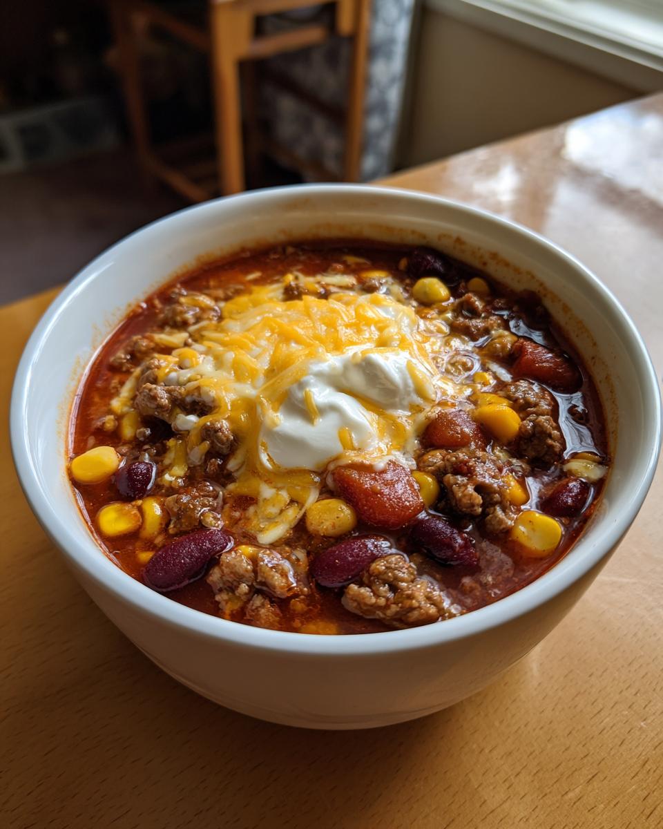 A close-up of a hearty bowl of crockpot cowboy soup, featuring ground beef, beans, corn, topped with melted cheese and sour cream.