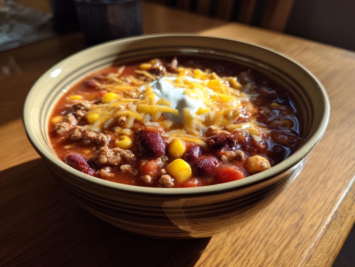 A close-up of a bowl of rich crockpot cowboy soup topped with shredded cheese, sour cream, beans, and corn.