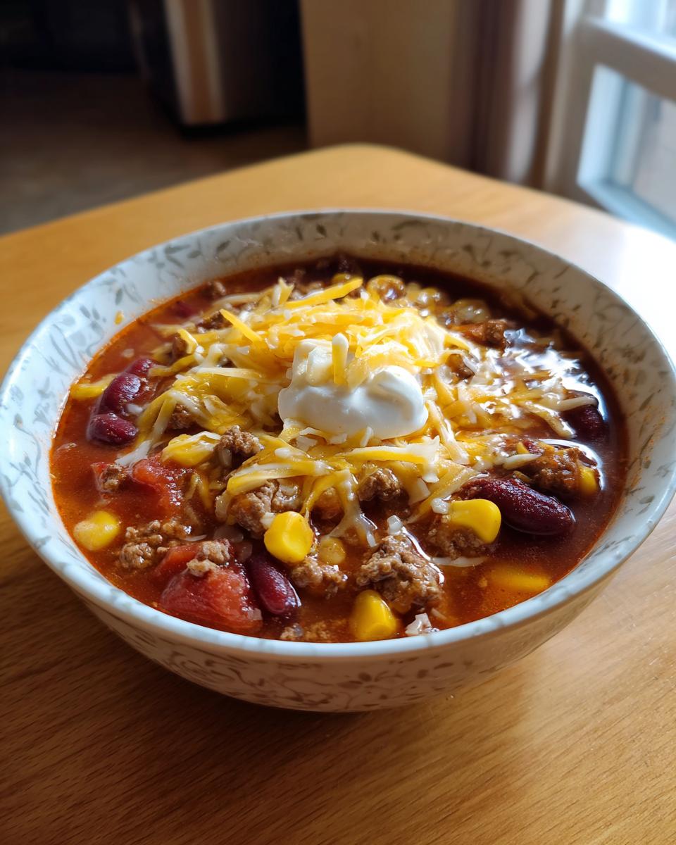 A close-up of a bowl of rich crockpot cowboy soup topped with shredded cheese, sour cream, beans, and corn.