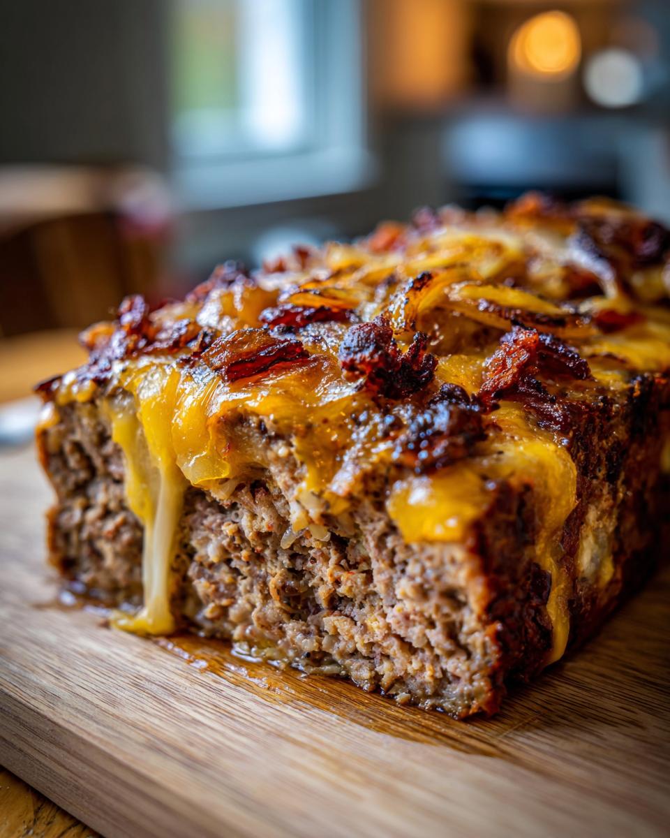 Close-up of a slice of crockpot french onion meatloaf topped with melted cheddar cheese and caramelized onions.