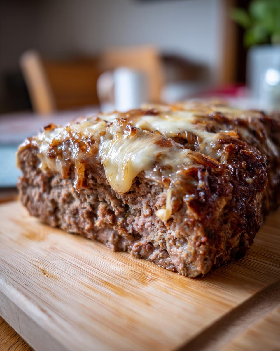 Close-up of a moist crockpot french onion meatloaf topped with melted cheese and caramelized onions.