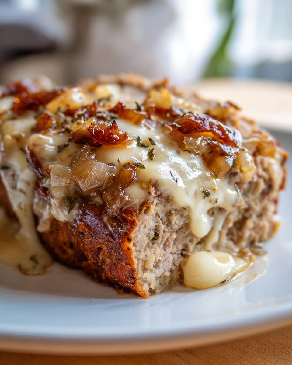 Close-up of a slice of crockpot french onion meatloaf topped with melted cheese and caramelized onions.