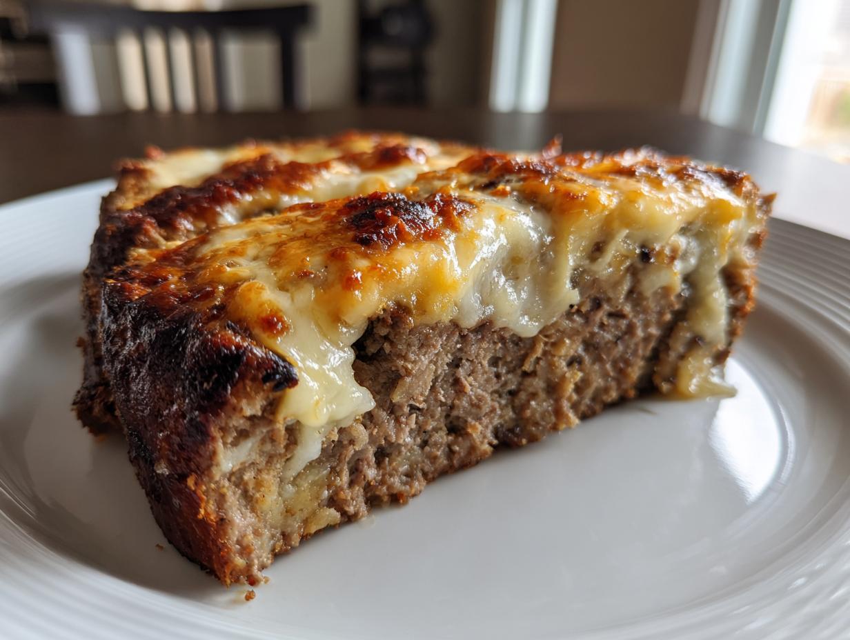 A close-up slice of juicy crockpot french onion meatloaf topped with melted, browned cheese on a white plate.