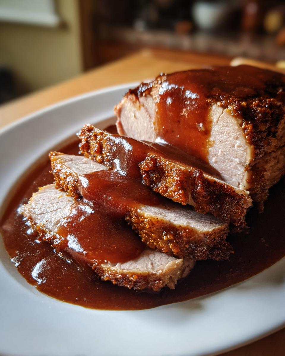 Close-up of sliced crockpot turkey breast covered in a thick, rich brown gravy on a white plate.