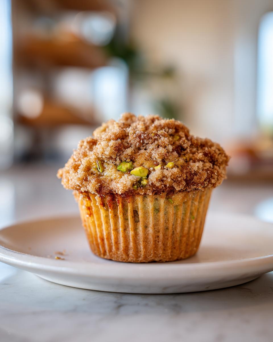 A single, golden-brown pistachio muffins with a thick, sugary streusel topping sitting on a small white plate.