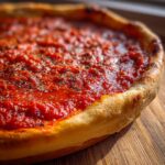 Close-up of a deep-dish pizza showing a thick layer of vibrant red pizza sauce topped with dried herbs.