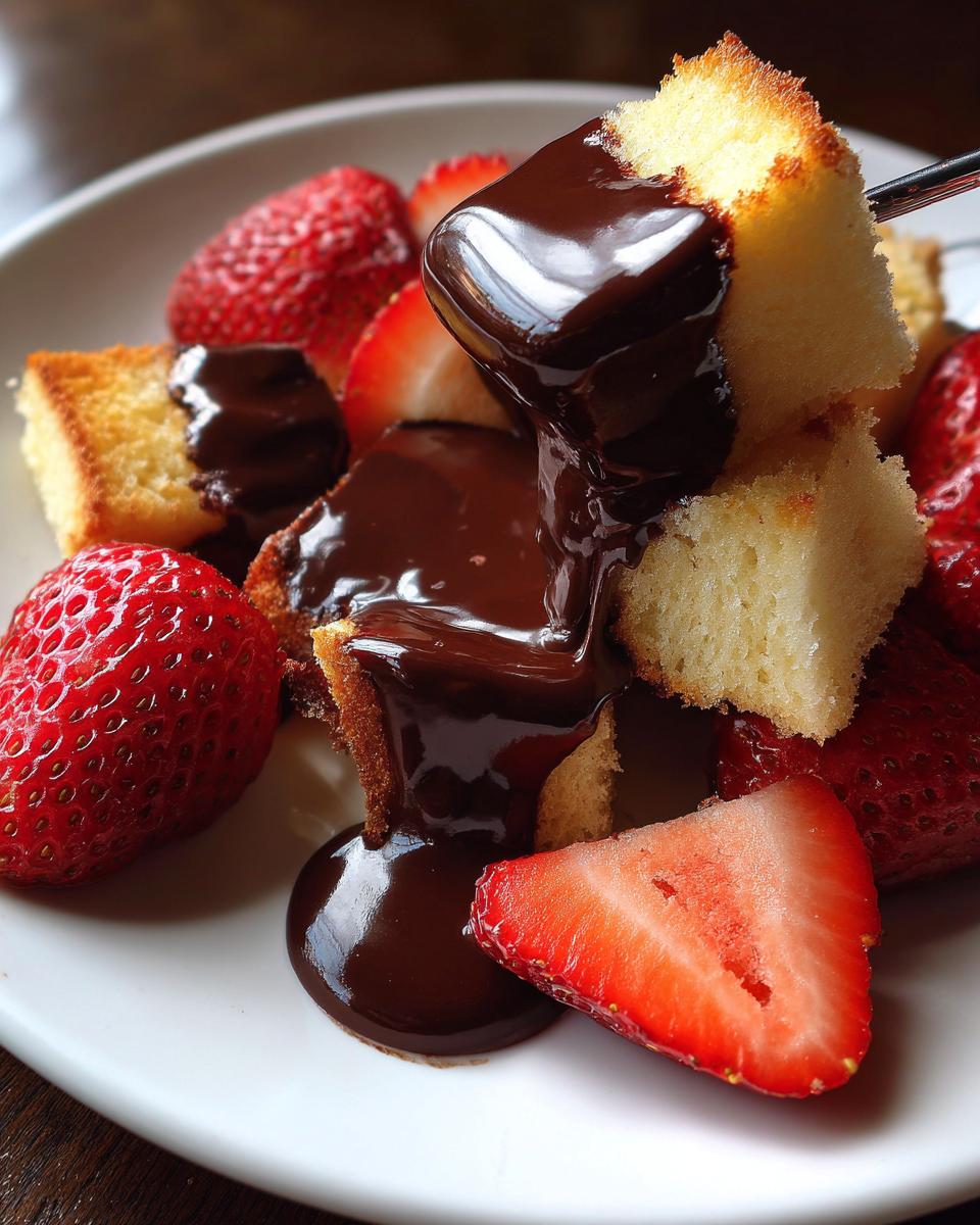 A piece of pound cake is dipped into rich, glossy chocolate fondue, surrounded by fresh strawberries on a white plate.